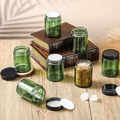Domensi 24 Pcs Bulk 6oz Glass Jars with Lids Leakproof Round Airtight Empty Cosmetic Jars with Inner Liners Lid for Storing Lotions Spices Ointments Food Storage (Olive Green)