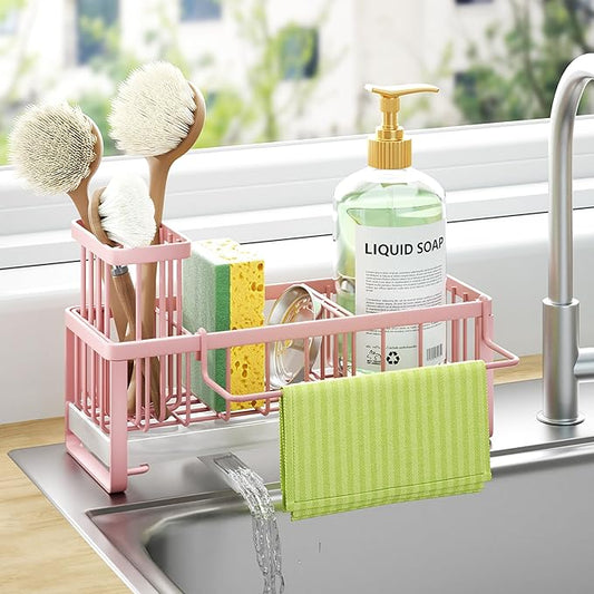 HapiRm Sponge Holder for Kitchen Sink - Self-draining Sink Caddy with Brush and Dishcloth Holders, Stainless Steel Kitchen Organizer for Countertop - Pink by HapiRm