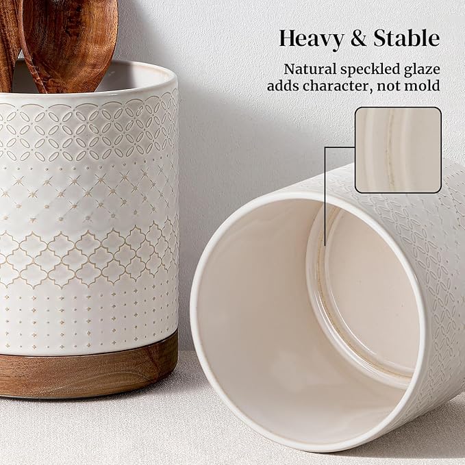 DOWAN 360° Rotating Extra Large Cooking Utensil Holder, 7.6" Kitchen Utensil Holder for Countertop, Utensil Crock for Farmhouse Kitchen Decor, Ceramic Stable Utensil Caddy, White Embossed - Image 4