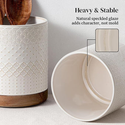 DOWAN 360° Rotating Extra Large Cooking Utensil Holder, 7.6" Kitchen Utensil Holder for Countertop, Utensil Crock for Farmhouse Kitchen Decor, Ceramic Stable Utensil Caddy, White Embossed - Image 4