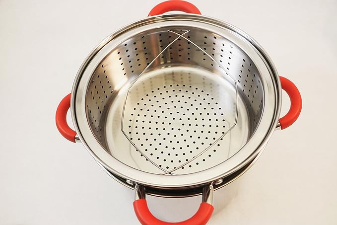 EXCELSTEEL 12 Qt Multifunction Stainless Steel Pasta Cooker with Encapsulated Base, Vented Glass Lid, and Riveted Silicone Covered Handles, 10"D x 13.75"W x 14"H - Image 4