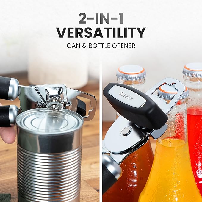 Zulay Kitchen Heavy Duty Stainless Steel Can Opener Manual with Bottle Opener - Rust Proof Manual Can Opener With Turn Knob & Comfy Soft Grip Handles - Black - Image 3