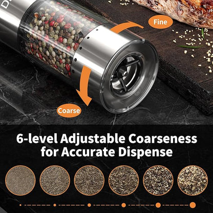 Electric Salt and Pepper Grinder Set,USB Rechargeable Pepper Mill with 6 Coarseness Settings, Automatic One-Touch Operation, Large Capacity Stainless Steel Spice Mills for Kitchen (2 Pack, Silver)