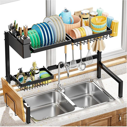 YKLSLH Over The Sink Dish Drying Rack 2 Tiers, for All Sinks (26.57"-35"),Expandable Large Capacity Sink Rack, Metal Drying Rack for Kitchen and Family Use by YKLSLH