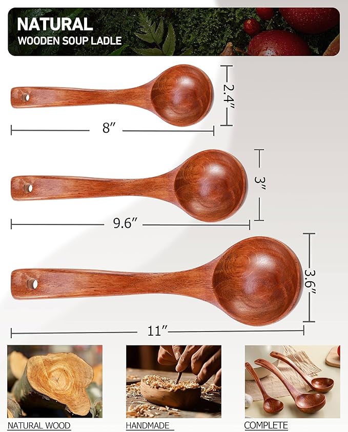 Wooden Ladles Set of 3 – Wood Ladles for Serving Soups and Stews, Includes 3oz, 2oz, 0.9oz – Soup Spoons and Large Kitchen Spoons for Cooking and Stirring