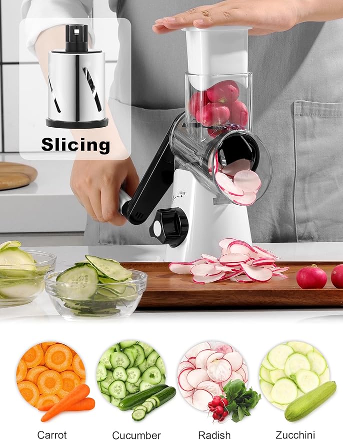 Cheese Grater Rotary, Rotary Grater for Kitchen, Kitchen Grater Vegetable Slicer with 3 Drum Blades, Fast Cutting Cheese Shredder for Vegetables and Nuts - Image 3