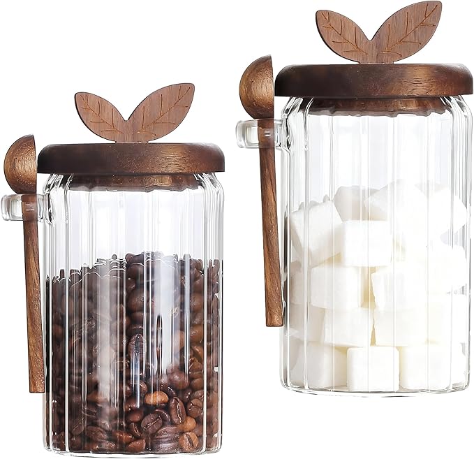 holoith 2 Pack Sugar Bowl Sugar Container 27oz Glass Jars with Bamboo Lid and Spoon, Airtight Food Storage Jar for Coffee Bar, Kitchen Canisters for Coffee Beans, Spice, Brown Sugars, Nuts, Candy by Holoith