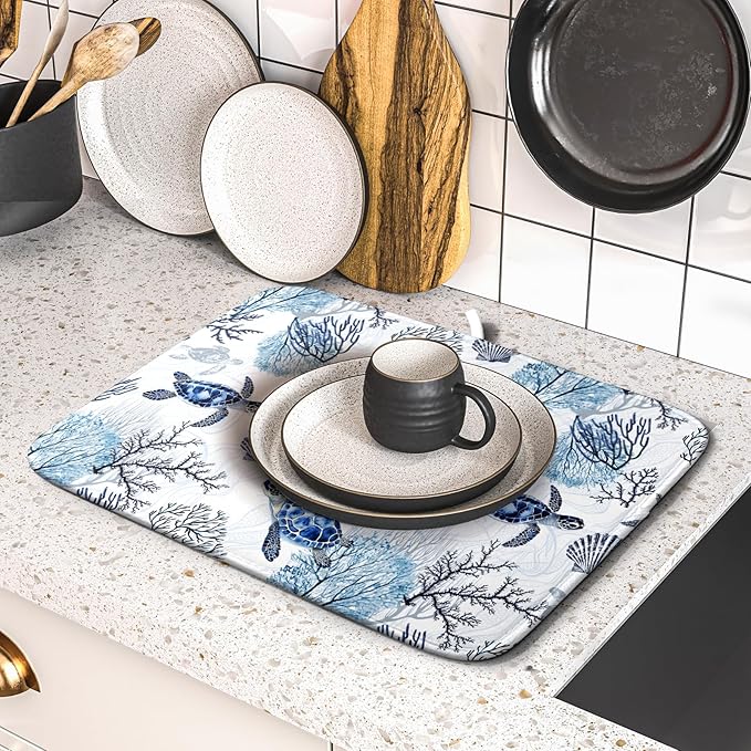 Giwawa 16"x18" Coastal Sea Turtles Dish Drying Mat Nautical Ocean Tortoise Coral Starfish Dish Drainer Mats for Kitchen Microfiber Reversible Dish Drying Rack Pad for Countertop Tabletop Decor