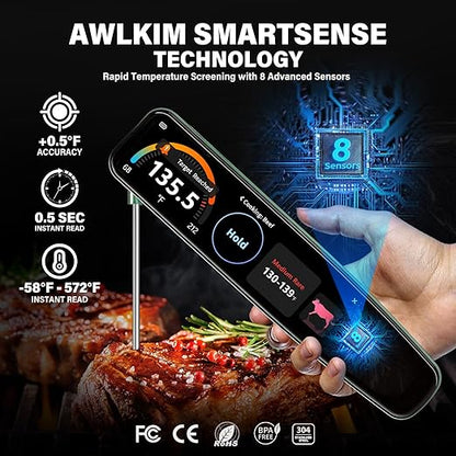 AWLKIM Instant Read Meat Thermometer Digital, 3.8" Touchscreen No App Needed – Rechargeable Waterproof Kitchen Food Thermometer Probe for Cooking, Grill, BBQ, Candy, Oil Frying, ±0.5°F