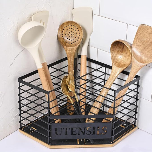Large Kitchen Utensil Holder with 4 Compartments,Corner Utensil Caddy for Countertop With Waterproof and non-slip silicone mat.