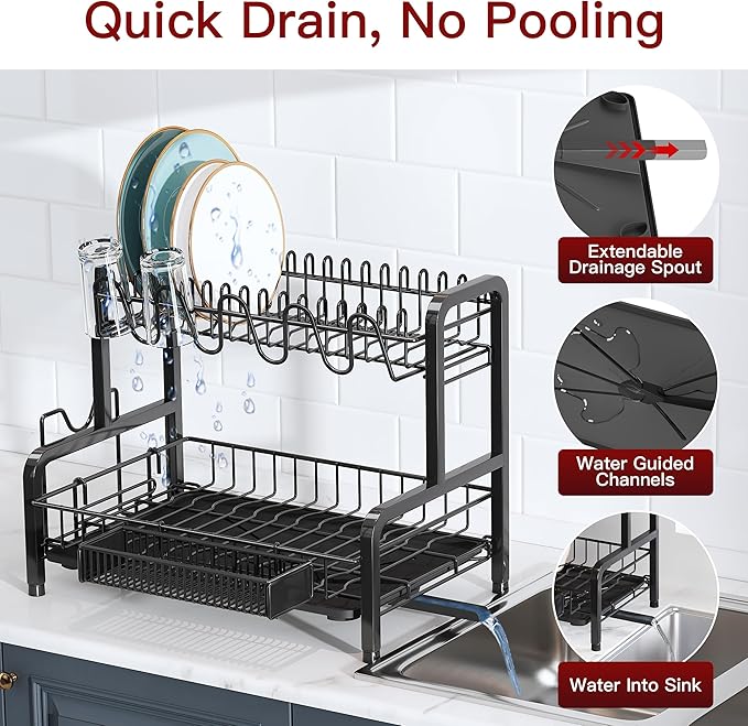 2 Tier Black Dish Drainer Drying Rack for Kitchen Counter, Large Stainless Steel Dishes Dryer with Drainboard, Space Saving, Big Rustproof Metal Modern Countertop Plates Strainer with Utensil Holder - Image 4