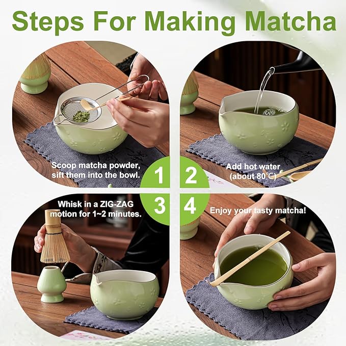 Clay&Fire Matcha Whisk Set, 9 pcs Ceramic Matcha Set, Gifts for Women,Matcha Bowl with Spout and Whisk, Matcha Kit for Matcha Lovers, Ideal Gift Christmas, Birthday, Anniversary (Cherry Bloom-Green) - Image 3
