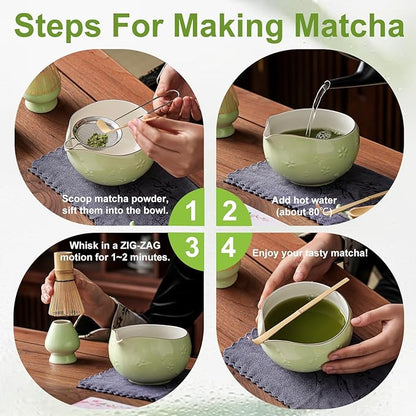 Clay&Fire Matcha Whisk Set, 9 pcs Ceramic Matcha Set, Gifts for Women,Matcha Bowl with Spout and Whisk, Matcha Kit for Matcha Lovers, Ideal Gift Christmas, Birthday, Anniversary (Cherry Bloom-Green) - Image 3