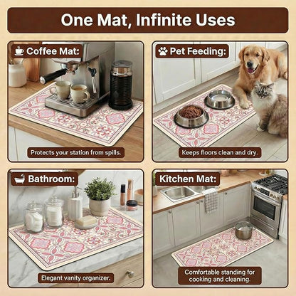 Boho Dish Drying Mat for Kitchen Counter - Super Absorbent Faux Leather Kitchen Mat, Quick Dry & Non-Slip Countertop Protector, Aesthetic Bohemian Decor for Coffee Bar (17"x31.5", Pink)