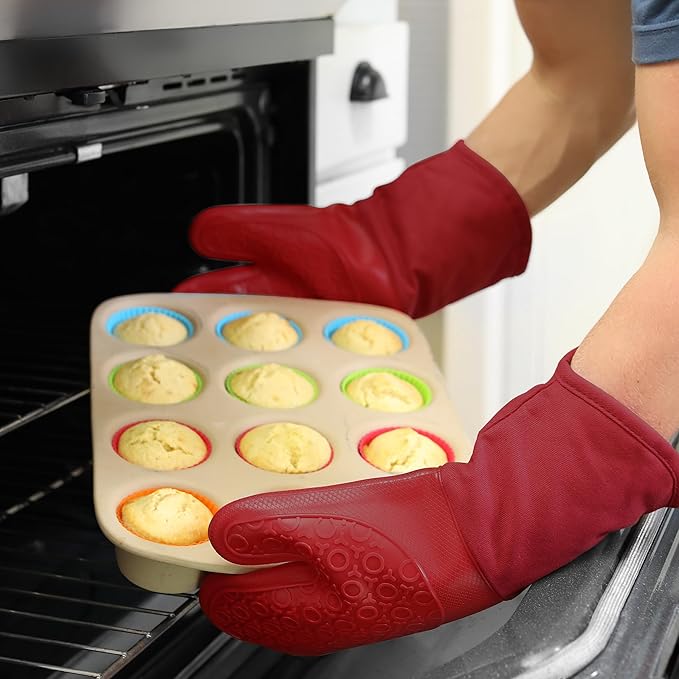 BPA-Free Silicone Oven Mitts Ultra Heat Resistant up to 500°F - Oven Mitts with Thick Cotton Liner - Long Slip Resistant Pot Holders, Flexible Oven Gloves - Empire Red 13.7 - Image 8