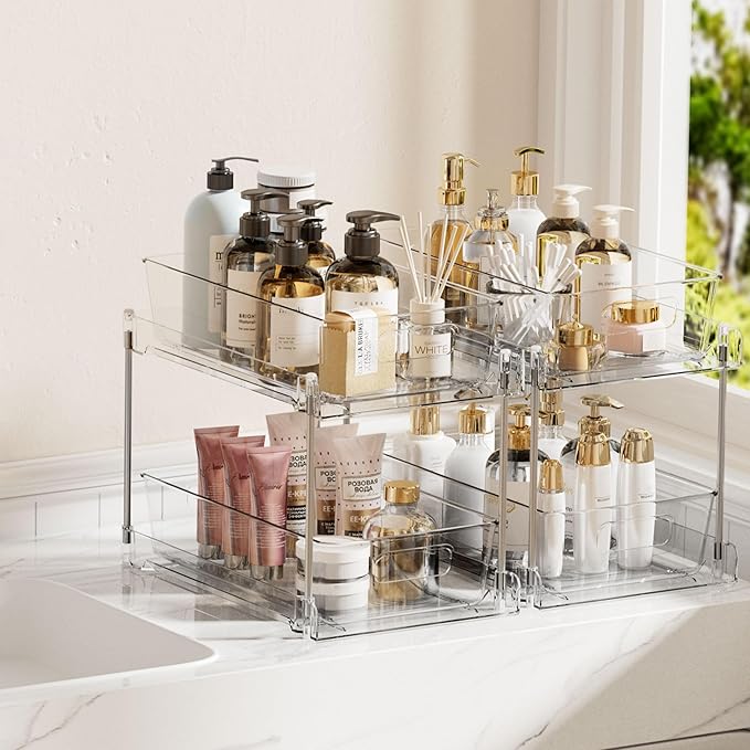 Vtopmart 2 Tier Bathroom Storage Organizer, 2 Pack Clear Under Sink Organizers Vanity Counter Container, Cabinet Drawers Bins, Pull-Out Organization with Track for Pantry, Kitchen - Image 7