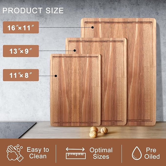 Solid Wooden Cutting Board Set of 3 Acacia Wood Charcuterie Boards Set Hardwood Meat Chopping Board Butcher Blocks Safe Non Toxic Large Cutting Boards for Kitchen Decor Bread Serving Cheese Board - Image 5
