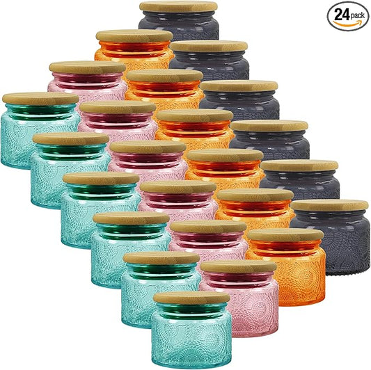 4 oz Decorative Mini Glass Jars with Bamboo Lids (24 pack, 4 Colors)