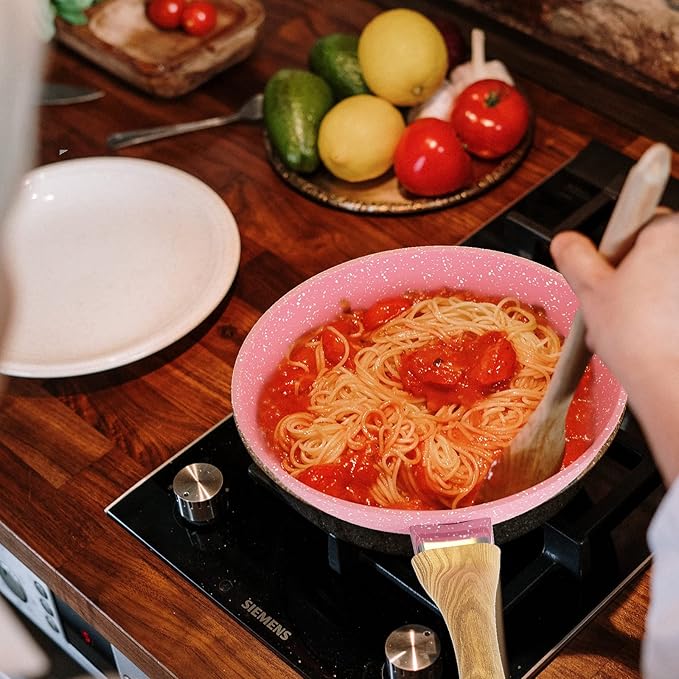 Frying Pan Nonstick, 9.5 Inch Pink Egg Pan, Non Stick Fry Pan 100% PTFE PFOA-Free Omelet Skillet Pan, Toxin-Free Skillets Stone Cookware, Anti-Warp Base with All Stove Tops, Induction Compatible - Image 7