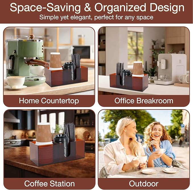 Acrylic Coffee Cup Holder for Countertop, 3 Slots Acrylic Coffee Bar Accessories and Organizer Anti Slip Waterproof, Coffee Station Organizer for Cup Lid Straw, Amber Coffee Color