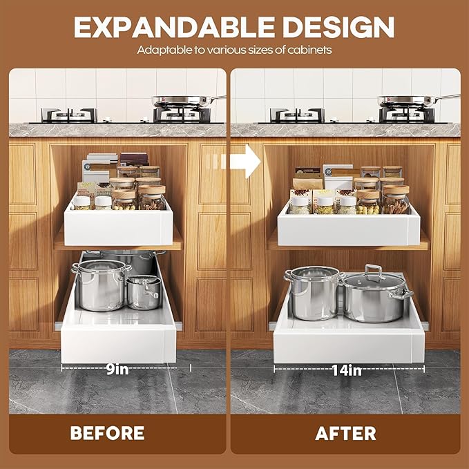 Seinloes 2 Pack Expandable (9"-14") Pull Out Cabinet Organizer 21" Deep With Raising Pad for Framed Cabinets,Upgrade 3 Slide Rails Slide Out Drawers,No Drill Roll Out Shelves Adhesive,White - Image 4