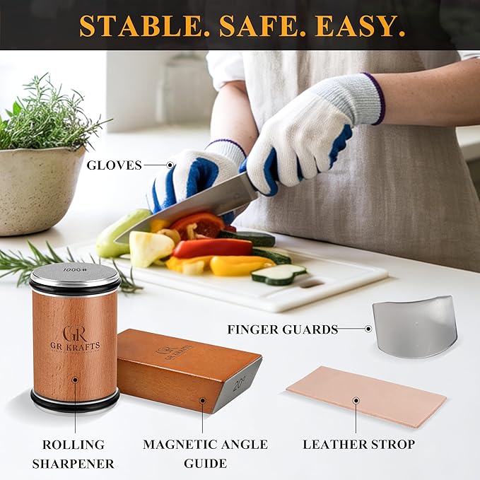 GR Kraft Rolling Knife Sharpener Kit with 1000 & 3000 Grit Diamond Discs, Magnetic Angle Guide 15-20 degree for Kitchen Knives, Finger Protector, Leather Strop & Carry Bag