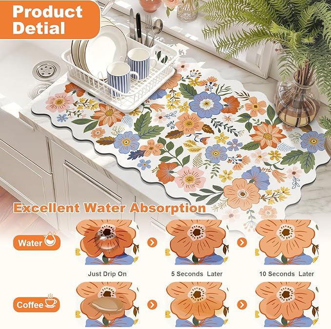 LOKHOM Scalloped Floral Dish Drying Mat, 17"x32" Super Absorbent Coffee Mat with Unique Spring Wildflowers, Cuttable Hide Stain Non-slip Drying Mat for Kitchen Counter Coffee Maker Espresso Machine - Image 3