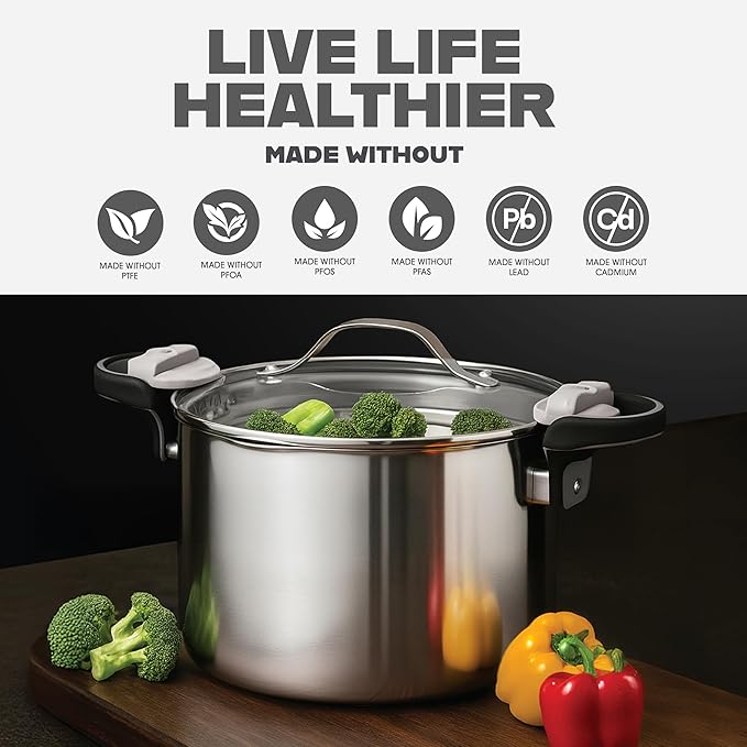 GOTHAM STEEL 8 Qt Nonstick Pasta Pot with Strainer Lid, Stainless Steel Stock Pot, Twist & Lock Handles, 2 Strainer Sizes, PFOA Free, for Soup & Spaghetti, Induction Ready, Oven & Dishwasher Safe - Image 4