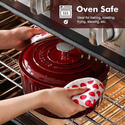 SENSARTE Enameled Cast Iron Dutch Oven Pot with Lid 3.5/5.5/6.5 Quart Heavy-Duty Round Dual Handles Kitchen Pot with Cotton Potholders & Silicone Trivet, Pot for Bread Baking, Stews, Braising, Roasting, Oven Safe, 5.5 Quart, Red