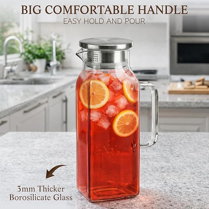 2 Pack Square Glass Pitcher with Lid and Handle, 68oz 2 Liter Borosilicate Glass Water Pitcher for Fridge, Heat Resistant Iced Tea Pitcher, Glass Carafe for Hot Cold Beverages Juice Lemonade