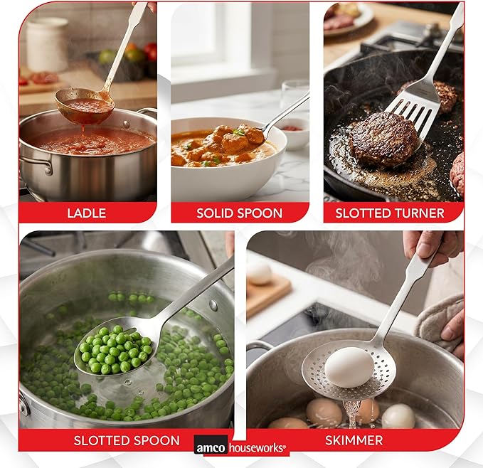 Amco 5 Piece Stainless Steel Cooking Utensil Set - Durable Kitchen Gadgets - Metal Kitchen Accessories - Easy to Clean Kitchen Tools - Image 8