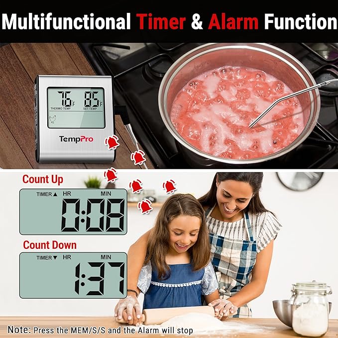 TempPro TP16 Large LCD Digital Cooking Food Meat Thermometer for Smoker Oven Kitchen BBQ Grill Thermometer Clock Timer with Stainless Steel Temperature Probe(Previously ThermoPro) - Image 3