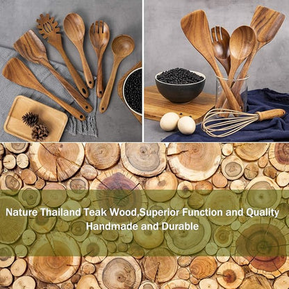 AIUHI 10 Pack Wooden Spoons for Cooking, Teak Wood Kitchen Utensils Set for Non Stick Use, Spatula Set for Stirring, Baking, Non Stick Wooden Utensils for Kitchen - Image 3