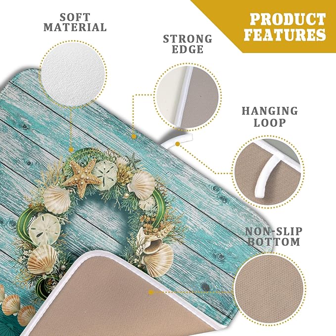 Hello Summer Dish Drying Mat for Kitchen Counter,Sea Shell Starfish Coastal Wreath Drying Mat 16 x 18 Inch with Absorbent Reversible Microfiber Drying Pad for Coffee Bar - Image 4