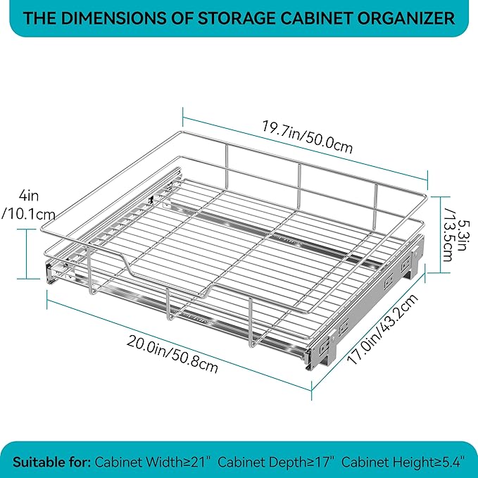 Pull Out Cabinet Organizer 20" W X 17" D, Slide Out Drawers For Kitchen Cabinets, Pull Out Drawers For Cabinets Capacity Heavy Duty Caddy, Cabinet Pull Out Shelves Chrome-Plated, Bathroom Pantry - Image 2