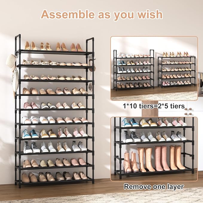 VTRIN 10 Tier Shoe Rack Tall Large Capacity Wide Shoe Organizer with Two Hooks Sturdy Metal Shoe Shelf for Entryway, Closet, Bedroom - Image 5