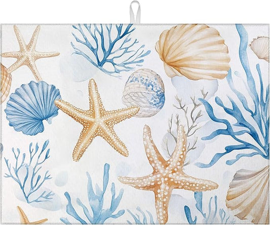 Beach Seashell Starfish Dish Drying Mat for Kitchen Counter Nautical Coastal Drying Pad Absorbent Reversible Dish Drainer Rack Mats Draining Pad