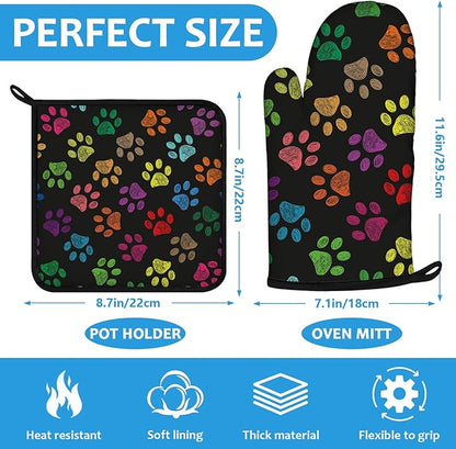 Colorful Paw Print Oven Mitts and Pot Holders Sets Heat Resistant 4Pcs Potholders Oven Gloves Hot Pads for Kitchen Baking Cooking Grilling BBQ