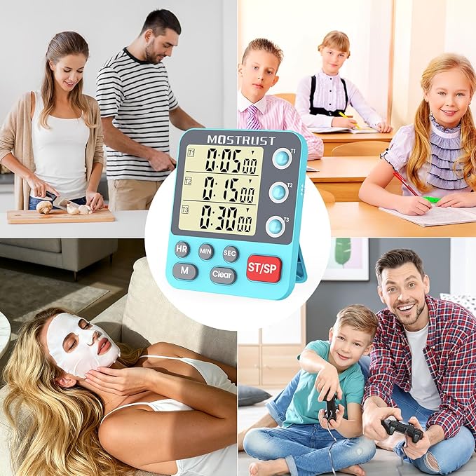 Digital Dual Kitchen Timer, 3 Channels Countdown Triple Timer for Cooking, Magnetic Memory-Preset Large-Display Adjustable Alarm Volume, Multi Times Management, 3A Battery Included, Blue - Image 7
