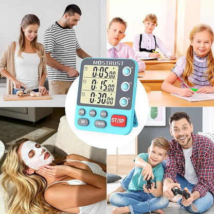 Digital Dual Kitchen Timer, 3 Channels Countdown Triple Timer for Cooking, Magnetic Memory-Preset Large-Display Adjustable Alarm Volume, Multi Times Management, 3A Battery Included, Blue - Image 7