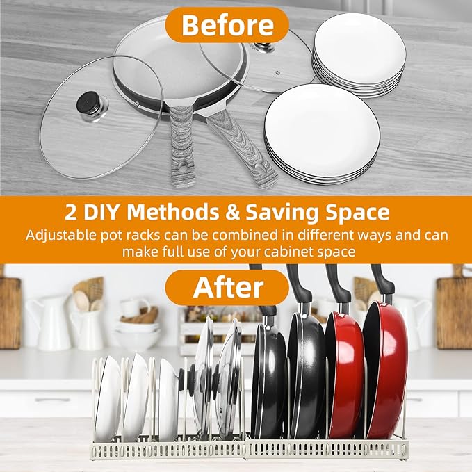 ROOHUA Pot Rack - Expandable Pot & Pan Organizer for Cabinet, 10 Adjustable Compartments (Apricot, 10) - Image 2