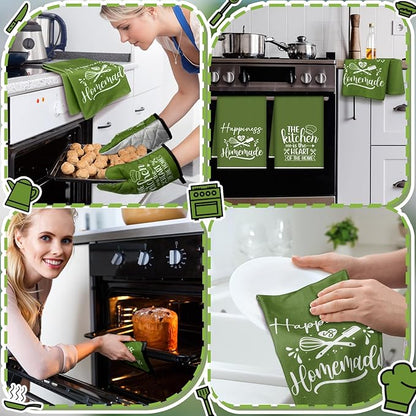 Sratte 6 Pcs Kitchen Decor Accessories Set Farmhouse Towels Pot Holders Oven Mitts Set 2 Dish Towels 2 Potholders 2 Cooking Mittens Oven Glove for Christmas Baking Cooking(Avocado Green,Kitchen) - Image 5