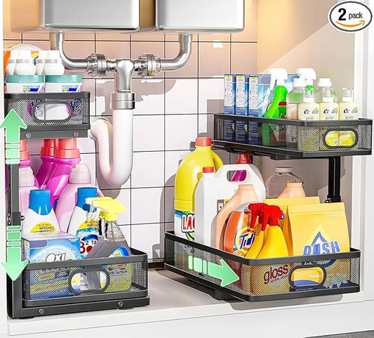 Under Sink Organizer 2 Pack, High Adjustable 2 Tier Under Sink Organizers and Storage, Slide out Metal Cabinet Organizers, Pull out Storage Drawer Shelf for Kitchen Bathroom Cabinet