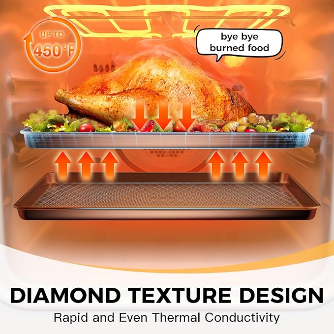 HONGBAKE 9-Piece Baking Pans Set Nonstick, Stackable Non Toxic Bakeware Sets with Diamond Texture, Oven Pan Set for Cooking, Includes Cookie Sheet with Rack, Cake Pan, Roasting Pan, Muffin Tin, Gold - Image 9
