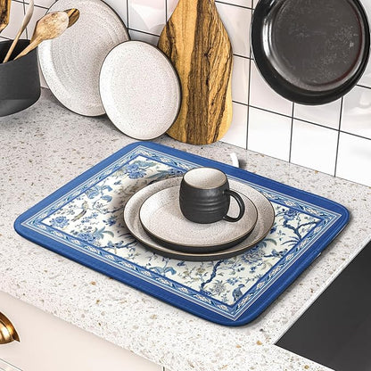 Giwawa Chinoiserie Dish Drying Mat 16x18in Blue White Oriental Floral Birds Kitchen Drainer Mats Porcelain Flowers Reversible Microfiber Dish Drying Pad Small for Countertop Home Decor