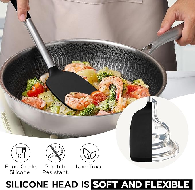 Onader Kitchen Utensils Set, 15 Pcs Silicone Cooking Utensils Set with Holder and Heat Resistant Stainless Steel Handle for Nonstick Cookware - Black - Image 6