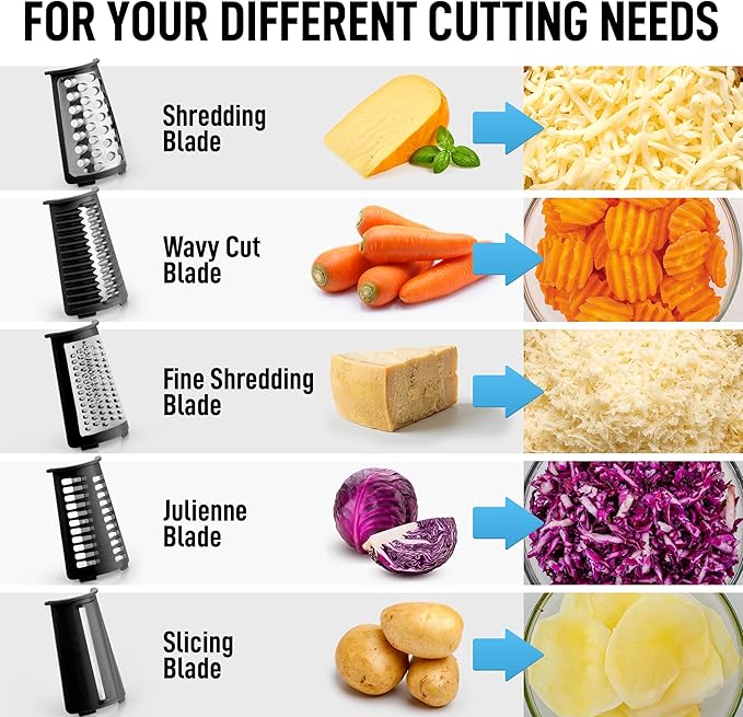 Zulay Kitchen Rotary Cheese Grater 5 Blade Cheese Shredder - Manual Hand Crank Cheese Grater With Reinforced Suction & 5 Interchangeable Drums - Easy to Use, Vegetable Chopper Round Mandoline Slicer - Image 10
