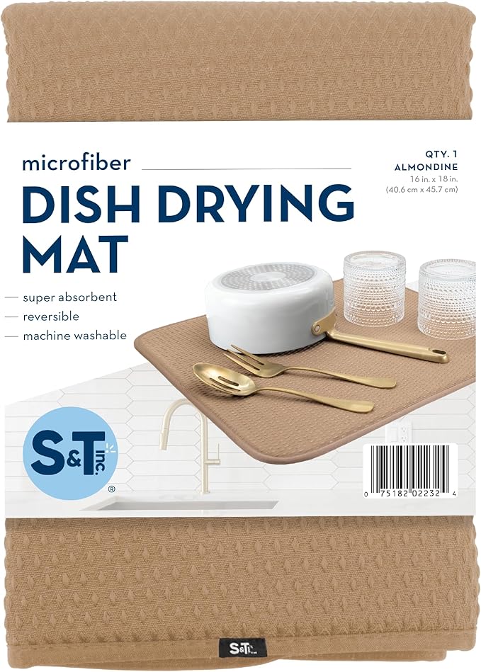 S&T INC. Dish Drying Mat, 16” x 18”, Absorbent Microfiber Kitchen Counter Mat, Drying Pad for Dishes, Utensils, Pots and Pans, Large, Diamond Texture, Almond - Image 8