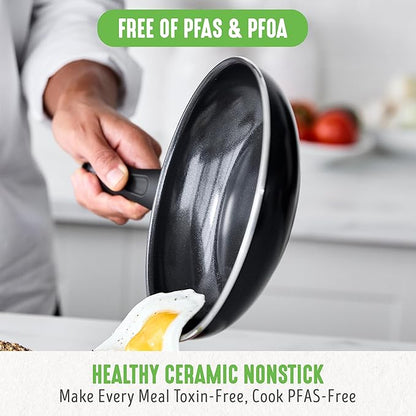 GreenLife 16 Piece Nonstick Cookware Set, Soft Grip Non-Toxic PFAS-Free Ceramic Pots & Pans, Dishwasher & Oven Safe, Frying, Sauce, Saute, Utensils, Glass Lids, Stay-Cool Handles, Wobble Free, Black - Image 2