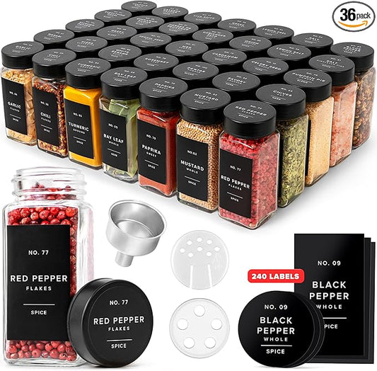 EDELHAUS Glass Spice Jars with Label and Black Lids (36 x 4oz) Spice Containers with 240 Labels, Shaker Inserts, Steel Funnel, Empty Square Empty Square Seasoning Organizer by EDELHAUS
